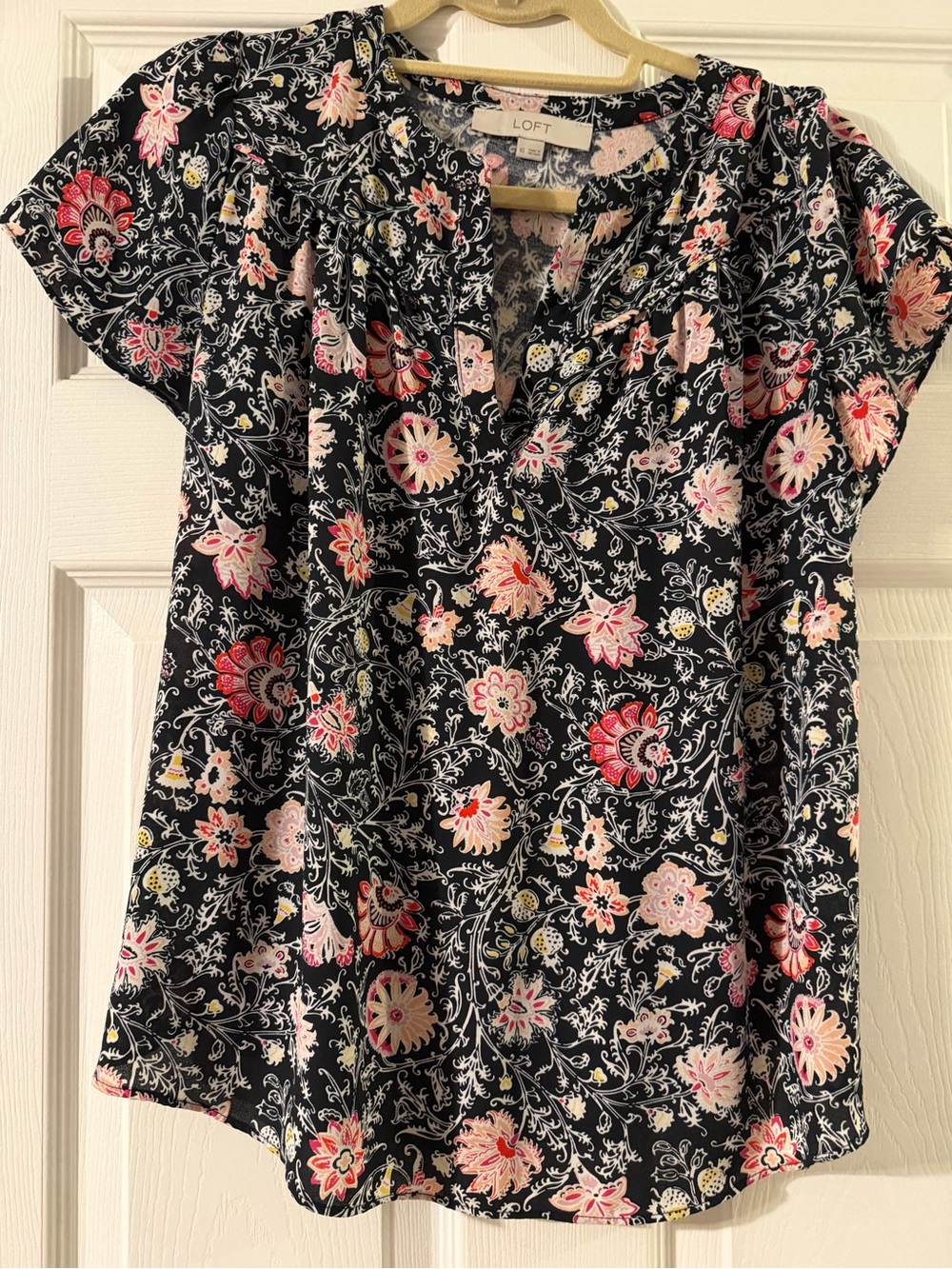 LOFT Navy Floral Short-Sleeve Blouse with Pink & Yellow never worn